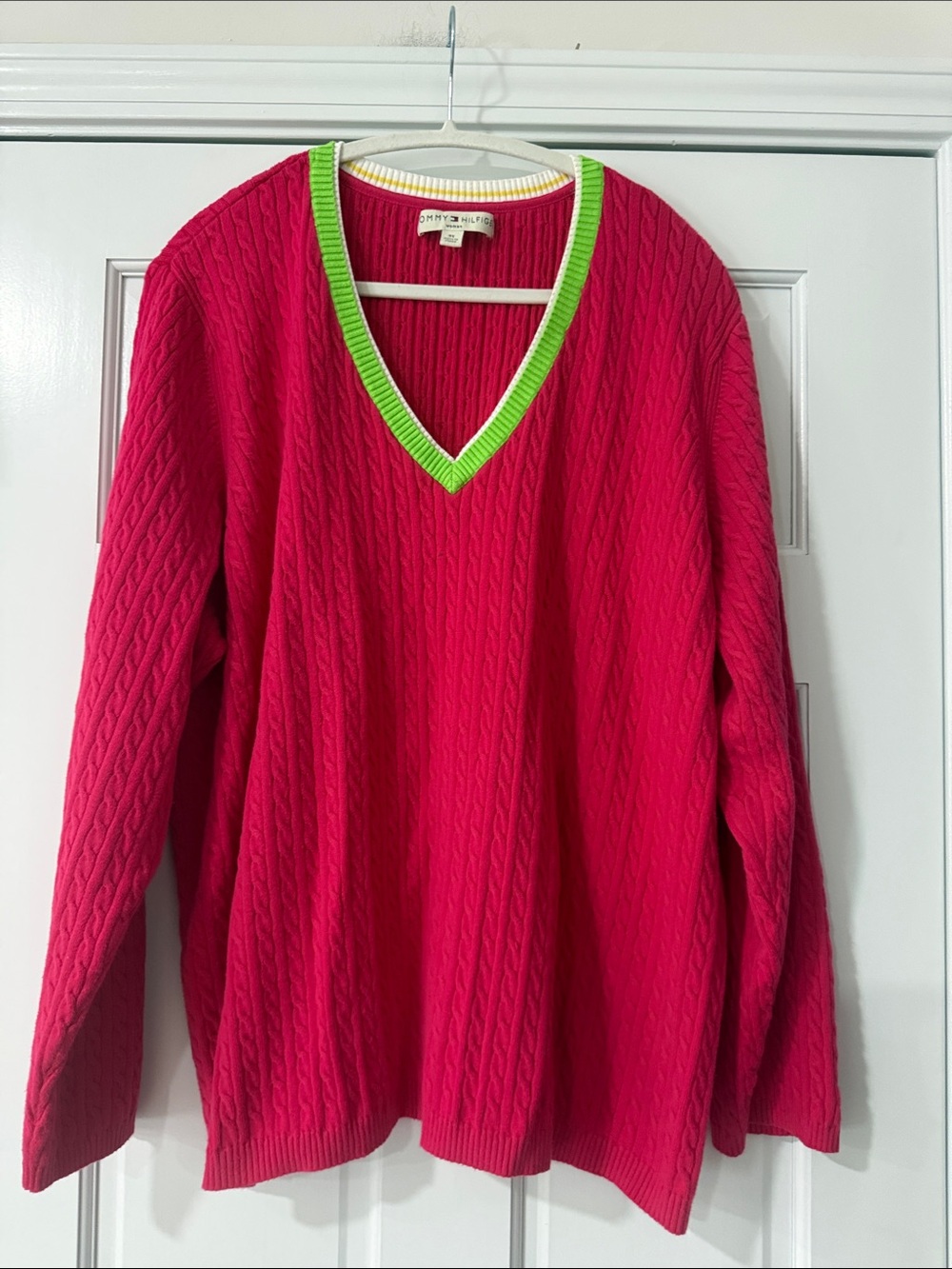 Vtg Tommy Hilfiger Cable Knit Bright Pink Green V-Neck Tennis Sweater Women's 3X